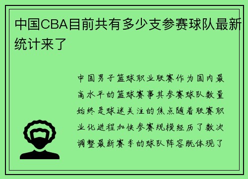 中国CBA目前共有多少支参赛球队最新统计来了