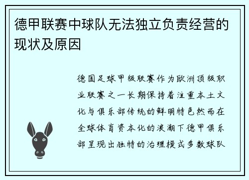 德甲联赛中球队无法独立负责经营的现状及原因